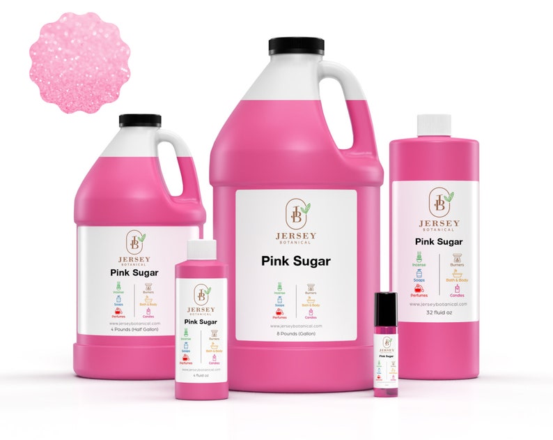 May include: Four bottles of pink sugar fragrance oil in different sizes. The bottles are labeled "Jersey Botanical" and "Pink Sugar". The smallest bottle is 3.2 fluid ounces, the next size is 8 fluid ounces, the next size is 4 pounds (half gallon), and the largest bottle is 8 pounds (half gallon).