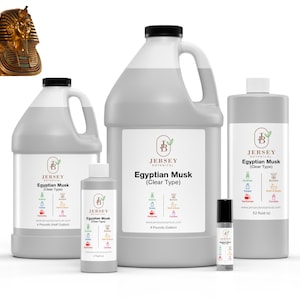 May include: Four bottles of Egyptian Musk fragrance oil in various sizes. The bottles are labeled "Jersey Botanical" and "Egyptian Musk (Clear Type)". The smallest bottle is 1/2 oz, the next is 4 oz, the next is 32 oz, and the largest is 1 gallon.
