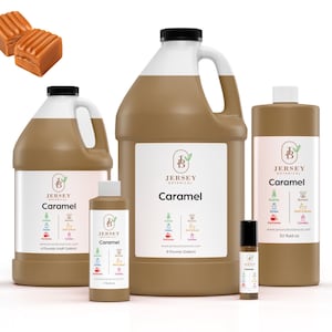 May include: Several bottles and containers of caramel-scented products. The containers vary in size, from a small roll-on bottle to large jugs. The labels read "Caramel" and include the Jersey Botanical logo. Two caramel candies are in the upper left corner.