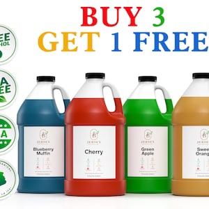 May include: Four 1-gallon bottles of flavored syrups, labeled Blueberry Muffin, Cherry, Green Apple, and Sweet Orange. The bottles are arranged in a row on a white background. The text "BUY 3 GET 1 FREE" is displayed above the bottles.