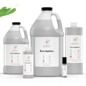 May include: Four bottles of Eucalyptus essential oil in various sizes, from a small roll-on bottle to a large 1-gallon jug. The bottles are labeled "Jersey Botanical Eucalyptus" and feature a list of uses for the oil, including aromatherapy, cleaning, and personal care.