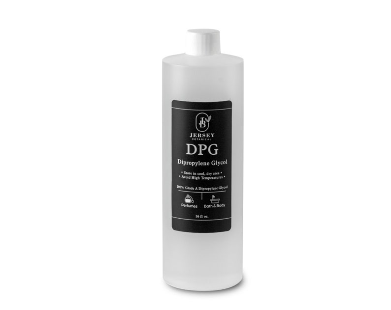 May include: A clear plastic bottle with a white cap, labeled "DPG Dipropylene Glycol" by Jersey Botanical. The label is black with white text and includes instructions to store in a cool, dry area and avoid high temperatures. It also states that the product is 100% Grade A Dipropylene Glycol and is suitable for perfumes, bath, and body. The bottle contains 16 fl oz.