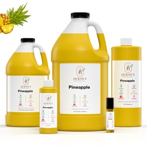 May include: Several yellow bottles and containers of varying sizes are displayed, labeled "Pineapple" with the Jersey Botanical logo. The containers include a small roller bottle, a 32 fl oz bottle, and larger jugs. A pineapple and slices are in the upper left.