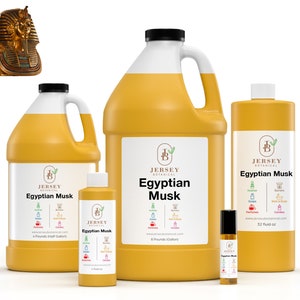 May include: Five bottles of Egyptian Musk fragrance oil in various sizes, from a small 1-fluid ounce bottle to a large 1-gallon bottle. The bottles are all yellow and feature a label with the Jersey Botanical logo and the product name.