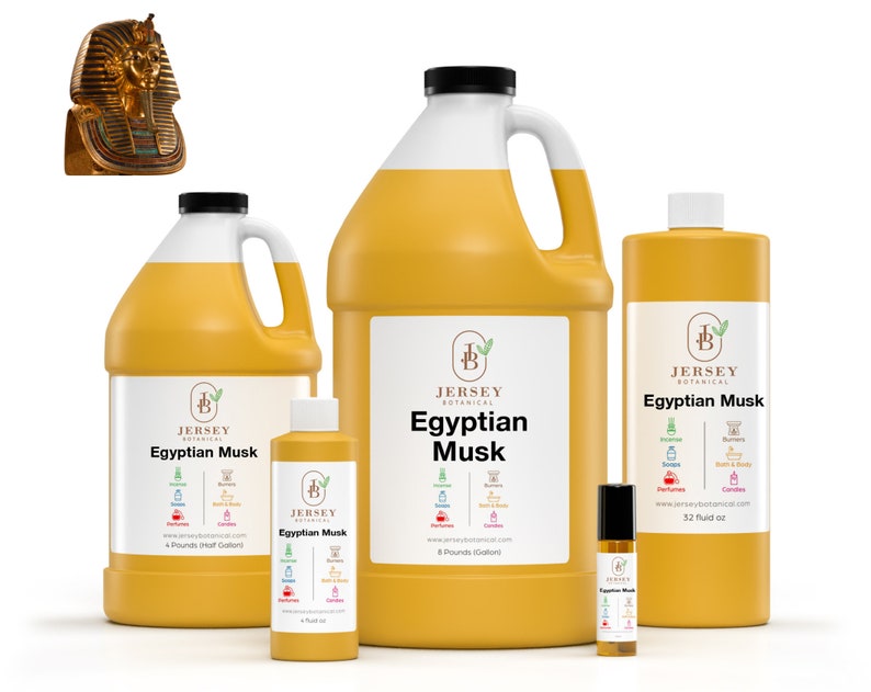 May include: Five bottles of Egyptian Musk fragrance oil in various sizes, from a small 1-fluid ounce bottle to a large 1-gallon bottle. The bottles are all yellow and feature a label with the Jersey Botanical logo and the product name.