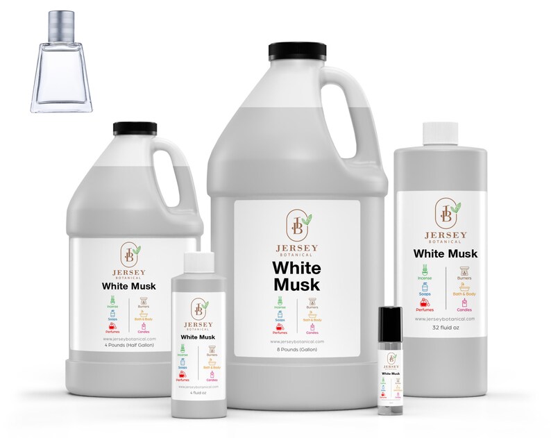 May include: A set of five bottles of White Musk fragrance oil in various sizes, from a small 1/2 ounce roll-on bottle to a large 1-gallon bottle. The bottles are all white with a black label that says "Jersey Botanical" and "White Musk".