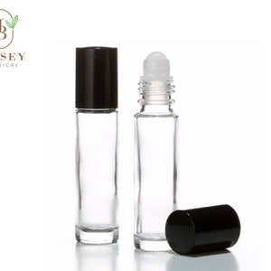 10 ml. Roll On Bottles, Clear Glass Roll On Bottles w/ Black Plastic Cap & Roller For Fragrance Oils, Essential Oils, Aromatherapy