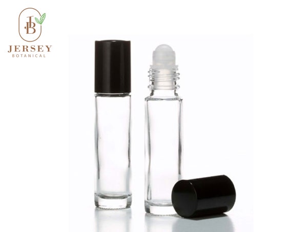 10 ml. Roll On Bottles, Clear Glass Roll On Bottles w/ Black Plastic Cap & Roller For Fragrance Oils, Essential Oils, Aromatherapy
