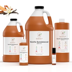May include: Four bottles of vanilla sandalwood fragrance oil in different sizes. The bottles are brown and have a label with the text "Jersey Botanical" and "Vanilla Sandalwood (Blend)". The smallest bottle is 1 fluid ounce, the next is 4 pounds (1 gallon), the next is 32 fluid ounces, and the largest is 8 pounds (1 gallon).