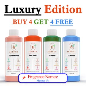 May include: Four bottles of Jersey Botanical fragrance in pink, orange, green, and blue. Each bottle has a white label with the brand logo and product name. Text reads "Luxury Edition" and "BUY 4 GET 4 FREE". The bottom banner says "Fragrance Names: Message Us!"
