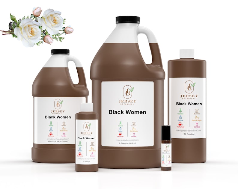 May include: Four brown bottles of "Black Women" fragrance oil from Jersey Botanical. The bottles are in various sizes, from a small roll-on to a large 1/2 gallon jug. The label features a green leaf logo and a list of uses for the oil, including perfumes, candles, and bath and body products.