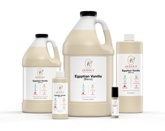 May include: Four bottles of Egyptian Vanilla fragrance oil in various sizes. The bottles are labelled "Jersey Botanical" and list uses for the fragrance oil, including candles, soaps, and perfumes. The largest bottle is 4 pounds (1.8 kg).