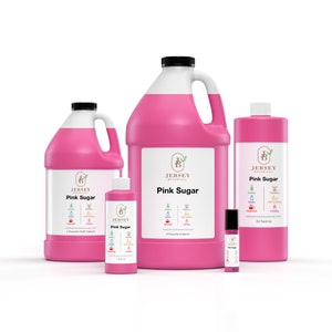 May include: Four bottles of pink sugar fragrance oil in various sizes. The bottles are labeled "Jersey Botanical" and "Pink Sugar". The smallest bottle is 1 fluid ounce, the next is 4 fluid ounces, the next is 32 fluid ounces, and the largest is 64 fluid ounces.