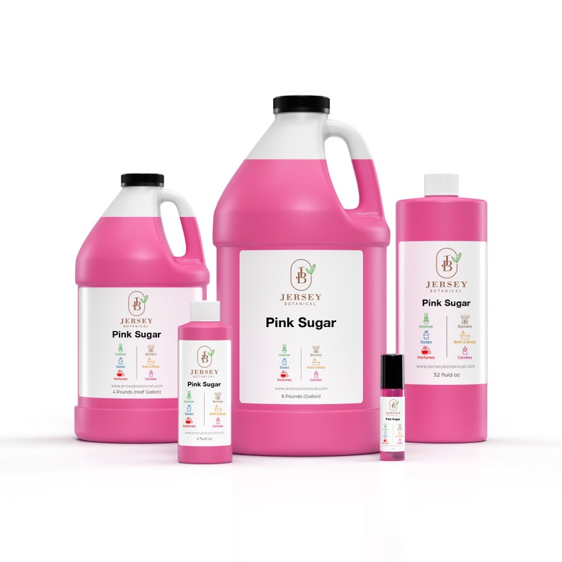 May include: Four bottles of pink sugar fragrance oil in various sizes. The bottles are labeled "Jersey Botanical" and "Pink Sugar". The smallest bottle is 1 fluid ounce, the next is 4 fluid ounces, the next is 32 fluid ounces, and the largest is 64 fluid ounces.