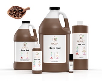 May include: Five bottles of Clove Bud essential oil from Jersey Botanical. The bottles are brown glass and come in four sizes: 1/2 gallon, 1 gallon, 32 fluid ounces, and 4 fluid ounces. The bottles are labelled with the company name and product name. The image also shows a small bowl of whole cloves.