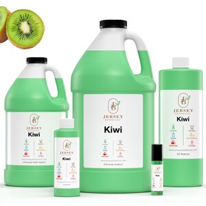 May include: Five bottles of kiwi scented essential oil in various sizes. The bottles are green and white with a label that says "Jersey Botanical" and "Kiwi".