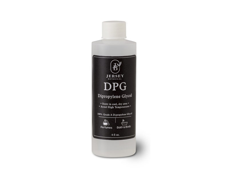 May include: A clear plastic bottle with a black label that reads "JERSEY BOTANICAL DPG Dipropylene Glycol Store in cool, dry area Avoid High Temperatures 100% Grade A Dipropylene Glycol Perfumes Bath & Body 4 fl oz."
