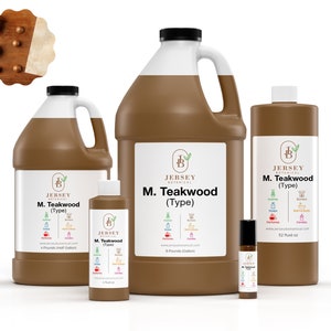 May include: Four brown plastic bottles of M. Teakwood fragrance oil in various sizes, from a small roll-on bottle to a large 4-pound container. The bottles are labeled with the Jersey Botanical logo and the name of the fragrance.