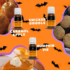 May include: Three small glass bottles with white lids and labels that say "Jersey" and the names of different scents: "Caramel Apple", "Snickerdoodle", and "Pumpkin Pie". The bottles are arranged in a collage with images of caramel apples, snickerdoodles, and pumpkin pie.