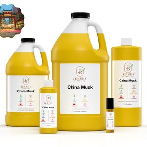 May include: Four bottles of China Musk fragrance oil in various sizes, from a small roll-on bottle to a large gallon jug. The bottles are yellow and feature a label with the Jersey Botanical logo and the text "China Musk".