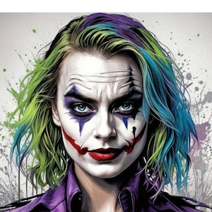 May include: A woman with green and blue hair is wearing Joker makeup. She has a purple jacket on and a white background with colorful paint splatters.