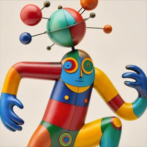 May include: A colorful, abstract sculpture of a humanoid figure in a dynamic pose. The figure is composed of geometric shapes and vibrant colors, including red, blue, yellow, and green. The head features a spherical element with radiating spheres.