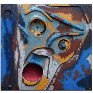 May include: Abstract metal art piece with a distressed, industrial aesthetic. The artwork features a stylized face with open mouth, circular eye sockets, and curved lines in shades of blue, yellow, red, and brown. The piece is mounted on a square metal panel.