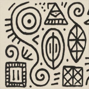 Könnte beinhalten: Abstrakte schwarze Tinte-Zeichnungen auf cremefarbenem Hintergrund. Das Design umfasst geometrische Formen wie Kreise, Dreiecke und Quadrate sowie organische Formen wie Spiralen und blattartige Formen. Das Kunstwerk hat eine handgezeichnete, minimalistische Ästhetik.