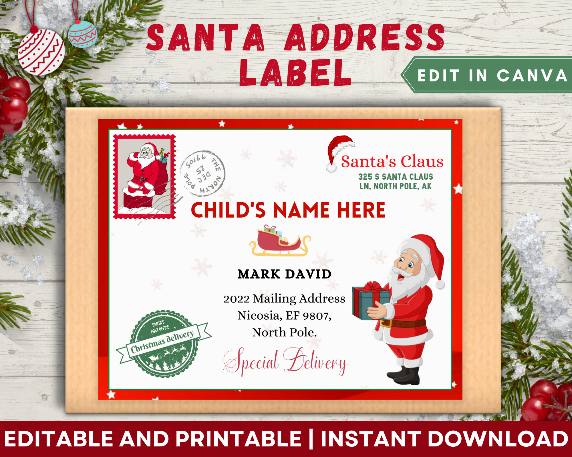 santa address labels sticker, packedsanta, approvedsanta, christmas santa mail, santa claus mail, north pole mail