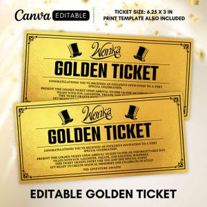 Könnte beinhalten: Zwei rechteckige goldene Tickets mit den Maßen 15,88 x 7,62 cm, mit schwarzem Text und Zylinder-Illustrationen. Die Tickets tragen die Aufschrift Wonka Golden Ticket, gefolgt von Einladungsdetails und dekorativen Verzierungen an den Ecken.