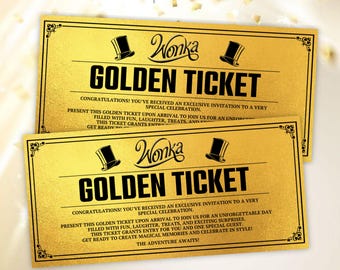 Golden Ticket Template Chocolate Bar Wrapper Halloween Costume Party Favor Golden Event Ticket Custom Ticket Invitation Golden Voucher