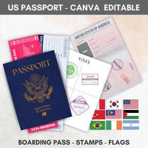 Editable Us Passports for Kids, Printable Passport for Kid for Playing Travel and Learning,kids Boarding Pass, Stamps & Visas Canva Template