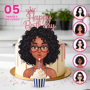Könnte beinhalten: Eine Geburtstagstorte mit einer Cartoon-Illustration einer Frau mit Brille, die eine Kerze auf einem Cupcake auspustet. Die Torte hat rosa Tropfen und einen glitzernden "Happy Birthday"-Tortentopper. Fünf Bilder sind enthalten.