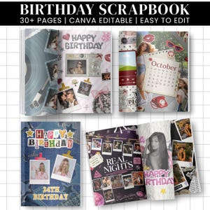 May include: A digital birthday scrapbook template featuring over 30 pages that are Canva editable. The layout displays various pages with photo collages, polaroid-style frames, text reading Happy Birthday, Real Nights, and October, plus graphic elements like cameras, disco balls, and telephones.
