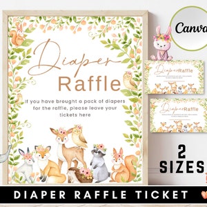 Diaper Raffle Tickets and Sign Woodland Baby Shower Game Greenery Woodland Animals Forest Baby Shower Printable