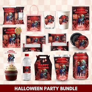 May include: A collection of Halloween-themed party supplies, including a pink tote bag, cups, candy wrappers, a cupcake, and a water bottle. Each item features a spooky design with the text "Happy Halloween" and "From Jennifer."