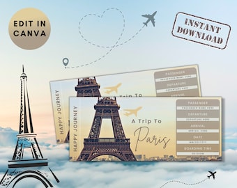 Paris Trip, Travel Ticket Template, Birthday gift, Boarding Pass Gift, graduation gift, Surprise Gift, Paris Ticket, paris trip, Trip Gift