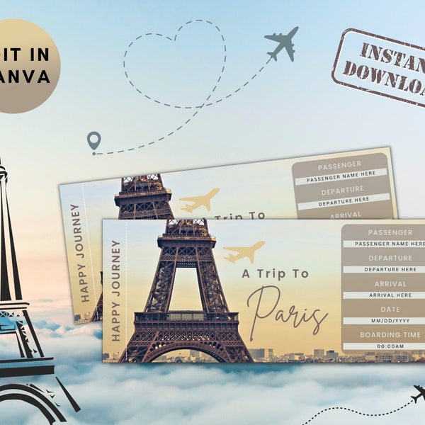 Paris Trip, Travel Ticket Template, Birthday gift, Boarding Pass Gift, graduation gift, Surprise Gift, Paris Ticket, paris trip, Trip Gift