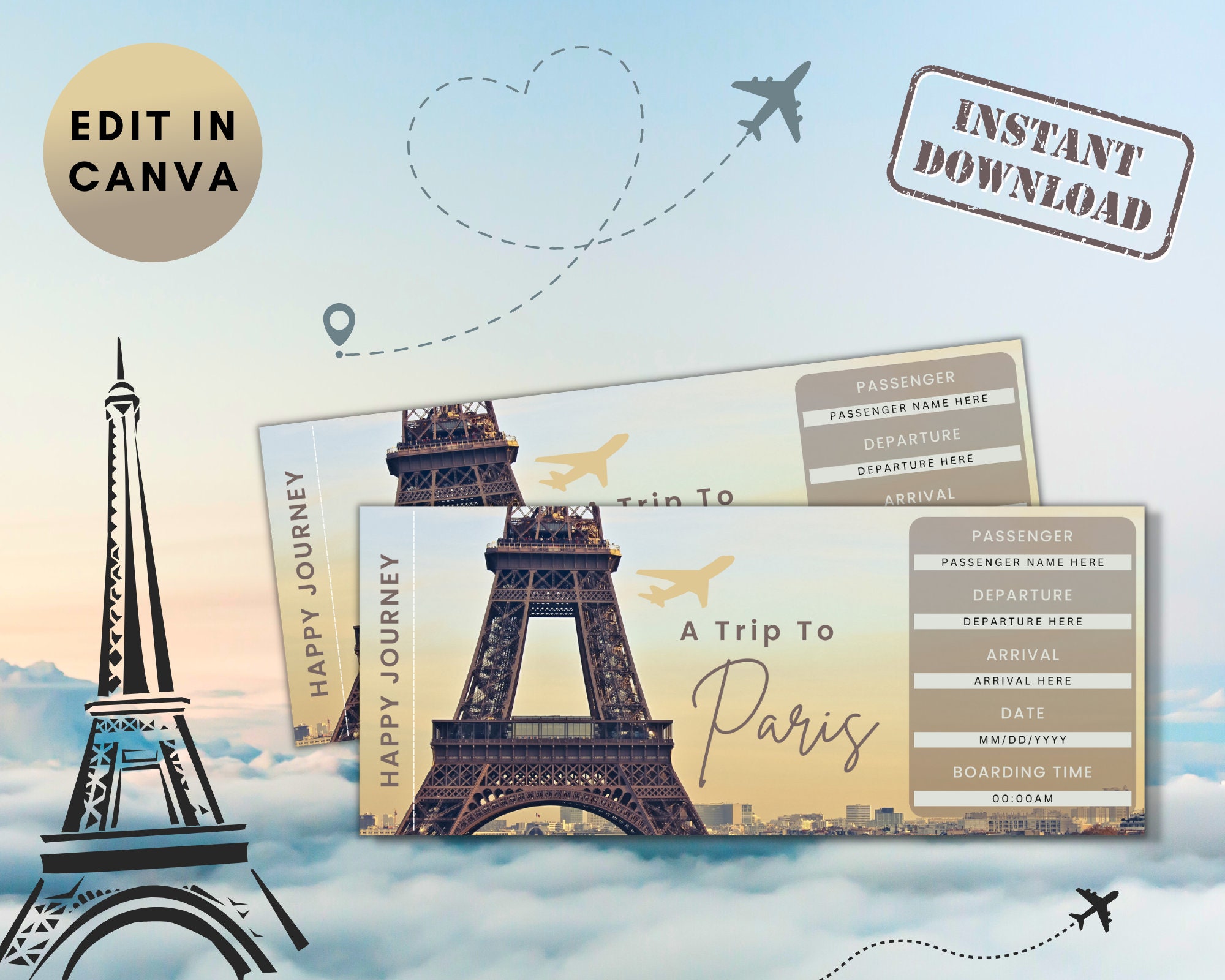 Paris Trip Travel Ticket Template Birthday gift Boarding Etsy.de