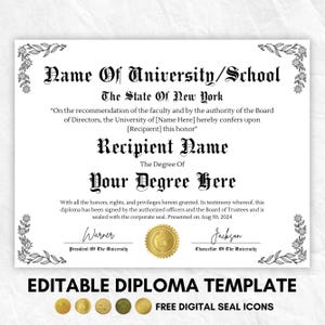 Personalized University College Diploma Certificate Canva Template, Printable Certificate with seal, Diploma Certificate, Diploma template
