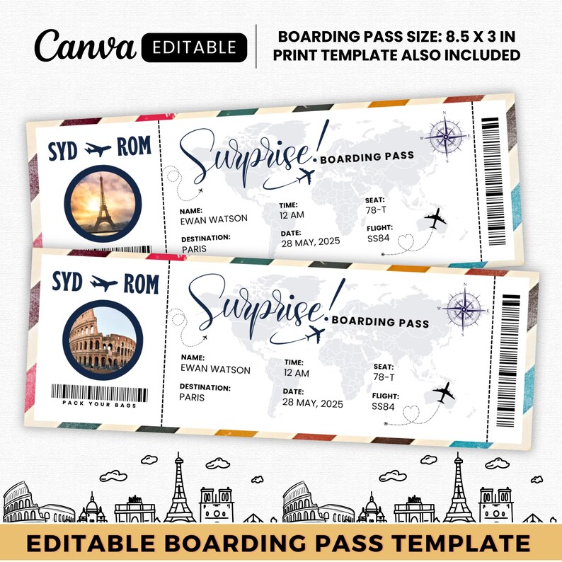 Surprise Trip Reveal Boarding Pass Canva Template, Fake Plane Ticket