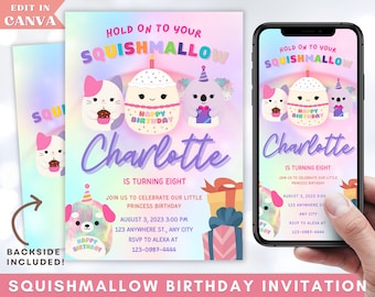 Squishmallow Birthday Invitation, Squishmallow Editable Invitation, Printable Squishmallow Birthday Invitation, Squishy Party Canva Template