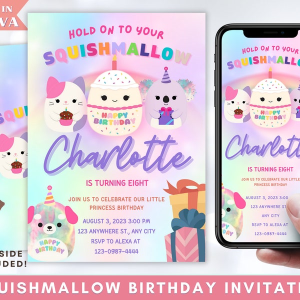 Invitation d'anniversaire de Squishmallow, Invitation spongieuse, invitation personnalisable de fête d'anniversaire de Squishmallows, partie de Squishmallow