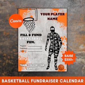 Bewerkbare basketbalkalender voor fondsenwerving, kies een datum om te doneren, afdrukbaar, sjabloon voor basketbalfondsenwerving, sportkalender