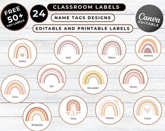 Classroom Name Tags Template, Name label editable, Boho Name Tags, boho rainbow name tag, Classroom Name Decor, Editable Desk students Tags