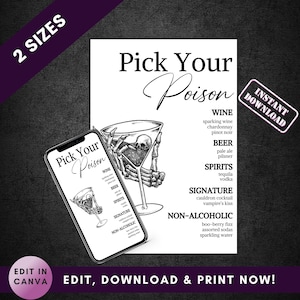 Escolha seu menu de veneno | Modelo de cardápio de bar de Halloween | Placa de bebidas para casamento no Halloween | Cardápio de coquetéis de Halloween | Festa de Halloween para Adultos