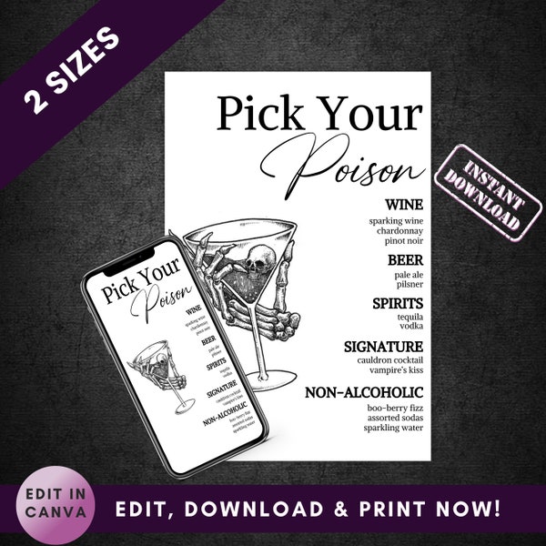 Pick Your Poison Menu | Halloween Bar Menu Template | Halloween Wedding Drinks Sign | Halloween Cocktail Menu | Adult Halloween party