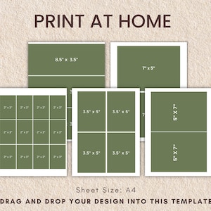 May include: Printable template for photo collage with different sized frames. The template includes frames measuring 2 x 3 inches, 3.5 x 5 inches, 5 x 7 inches, 7 x 5 inches, and 8.5 x 3.5 inches. The sheet size is A4.