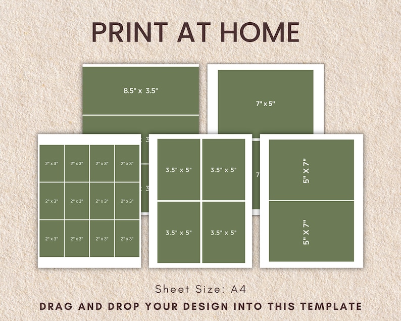 May include: Printable template for photo collage with different sized frames. The template includes frames measuring 2 x 3 inches, 3.5 x 5 inches, 5 x 7 inches, 7 x 5 inches, and 8.5 x 3.5 inches. The sheet size is A4.
