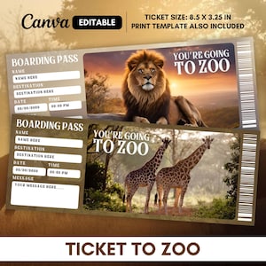 Op de afbeelding: Een printbare instapkaart-sjabloon voor een uitstapje naar de dierentuin. Het sjabloon bevat een leeuw, giraffen en de tekst "You're going to zoo".